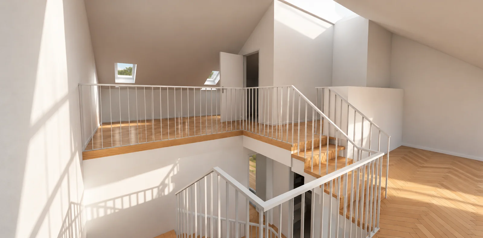 Fotorealistisches Rendering desselben Studios aus dem gleichen Blickwinkel