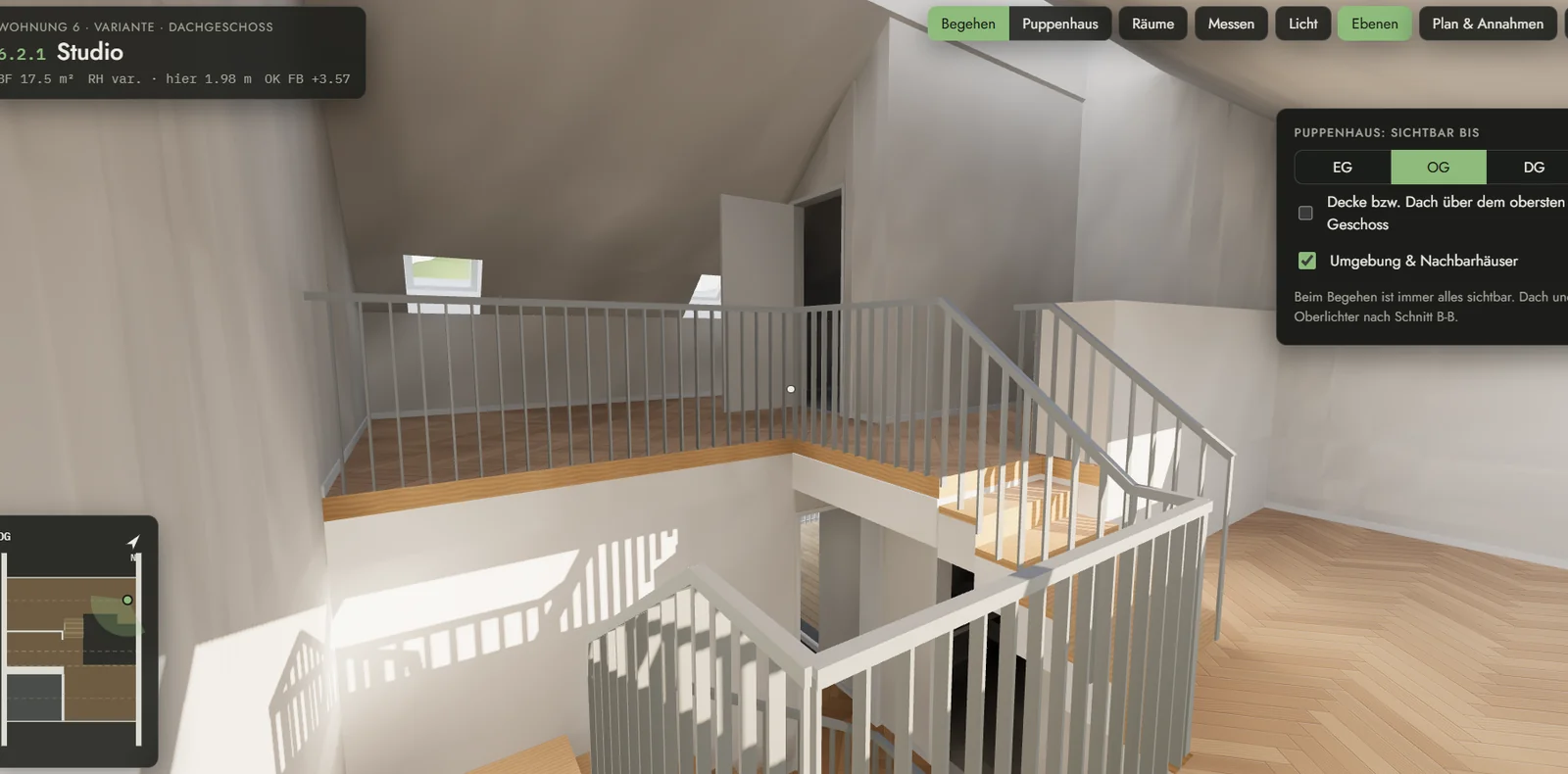 Studio im Dachgeschoss im begehbaren 3D-Modell